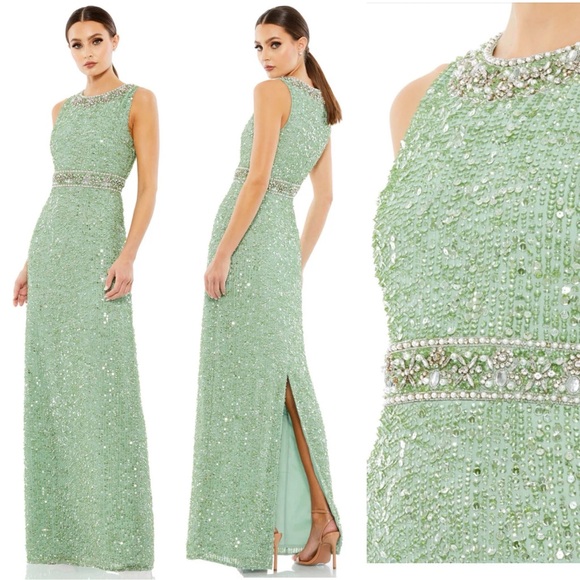 Mac Duggal - Mint Green Sequined Sleeveless Embellished Neckline Gown Size 14 - Picture 17 of 17